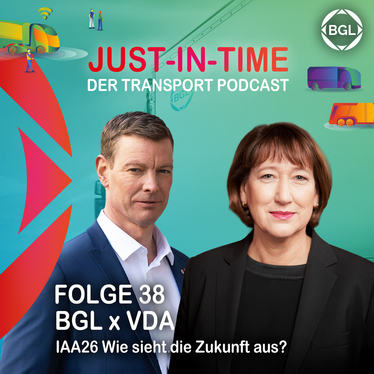 Zwei Personen in Business-Outfit vor farbigem Grafikdesign-Background mit Titel Just-in-Time Der Transport Podcast.