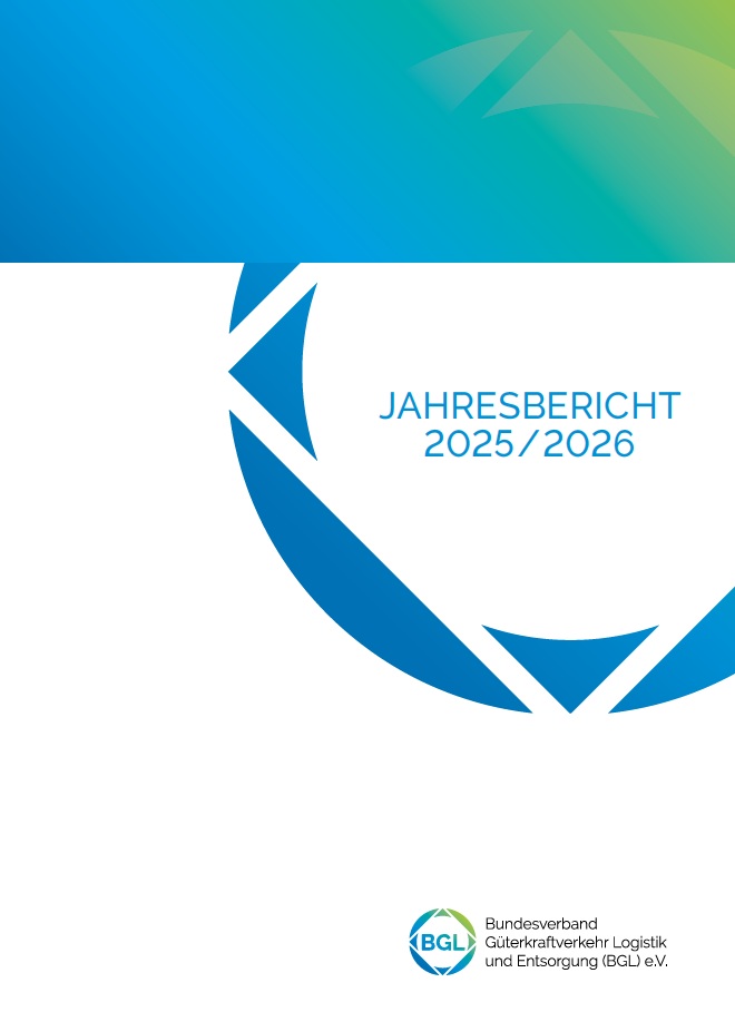 Titelbild einer Jahresberichtseite mit blauem Logo-Segment, Text BGL/JAHRESBERICHT 2025/2026, abstrakte Kreissegmente im Blau-Grün-Verlauf.
